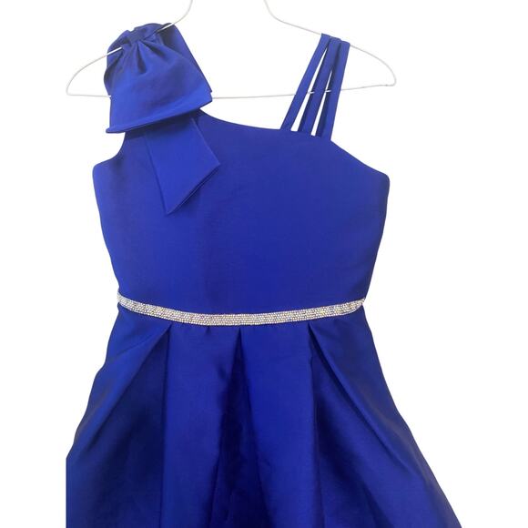 Royal Blue Holiday Formal Christmas Party Dress Girl's SZ 12 Bow Satin Sparkle - Picture 3 of 9